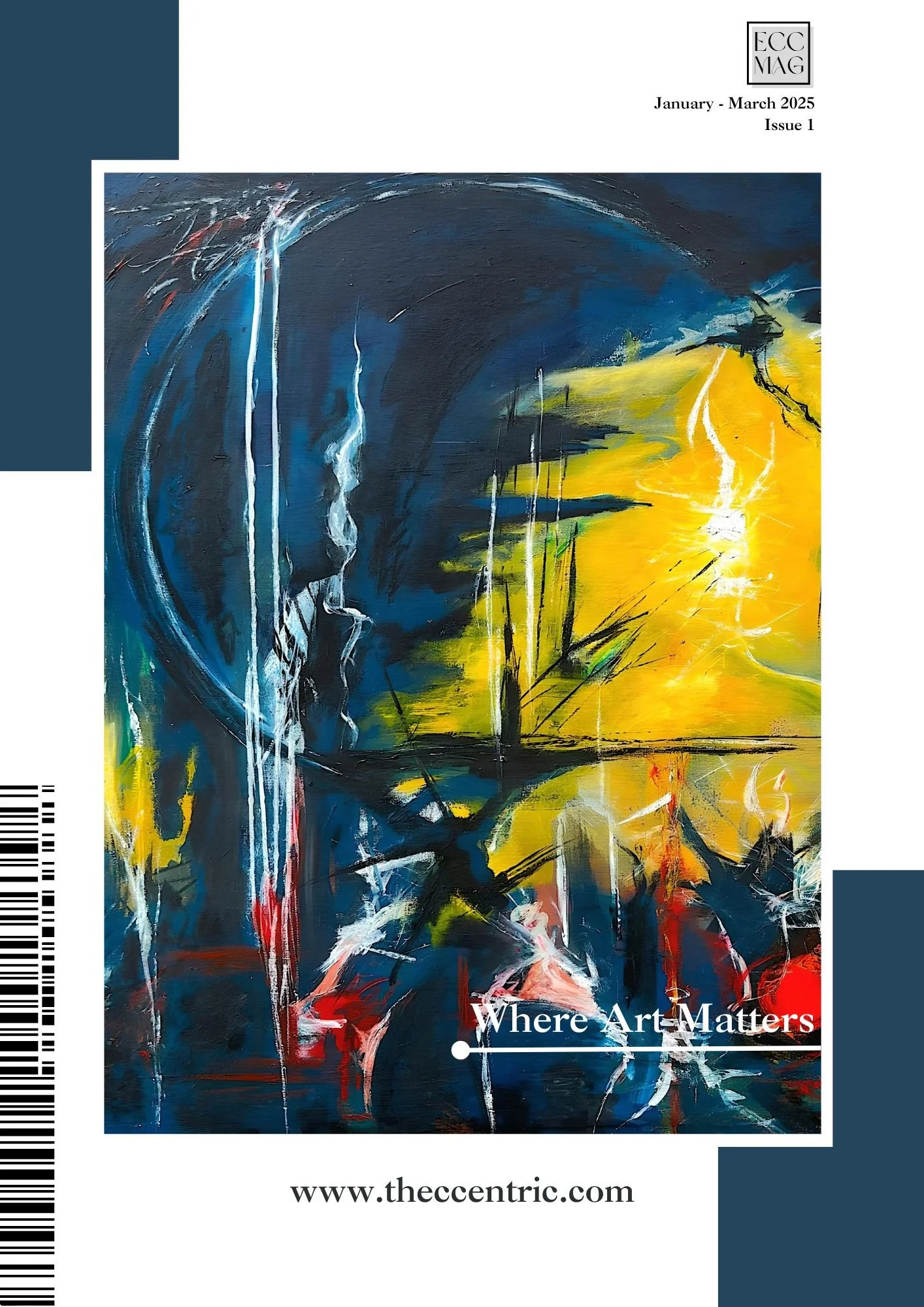 Cover of a magazine featuring an abstract painting with dark blue, yellow, black, white, and red colors, and the text 'Where Art Matters' and a website link at the bottom.
