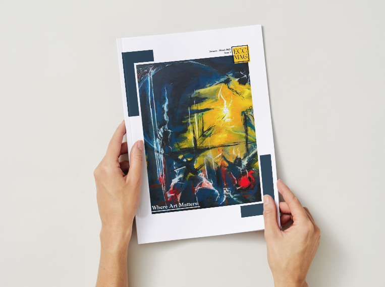 Person holding an art magazine titled 'ECC MAg' with a colorful abstract cover art and the tagline 'Where Art Matters.'