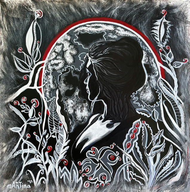 Black and white portrait of a woman with long hair, surrounded by stylized leaves and plants with red accents, framed by a red semicircular line.