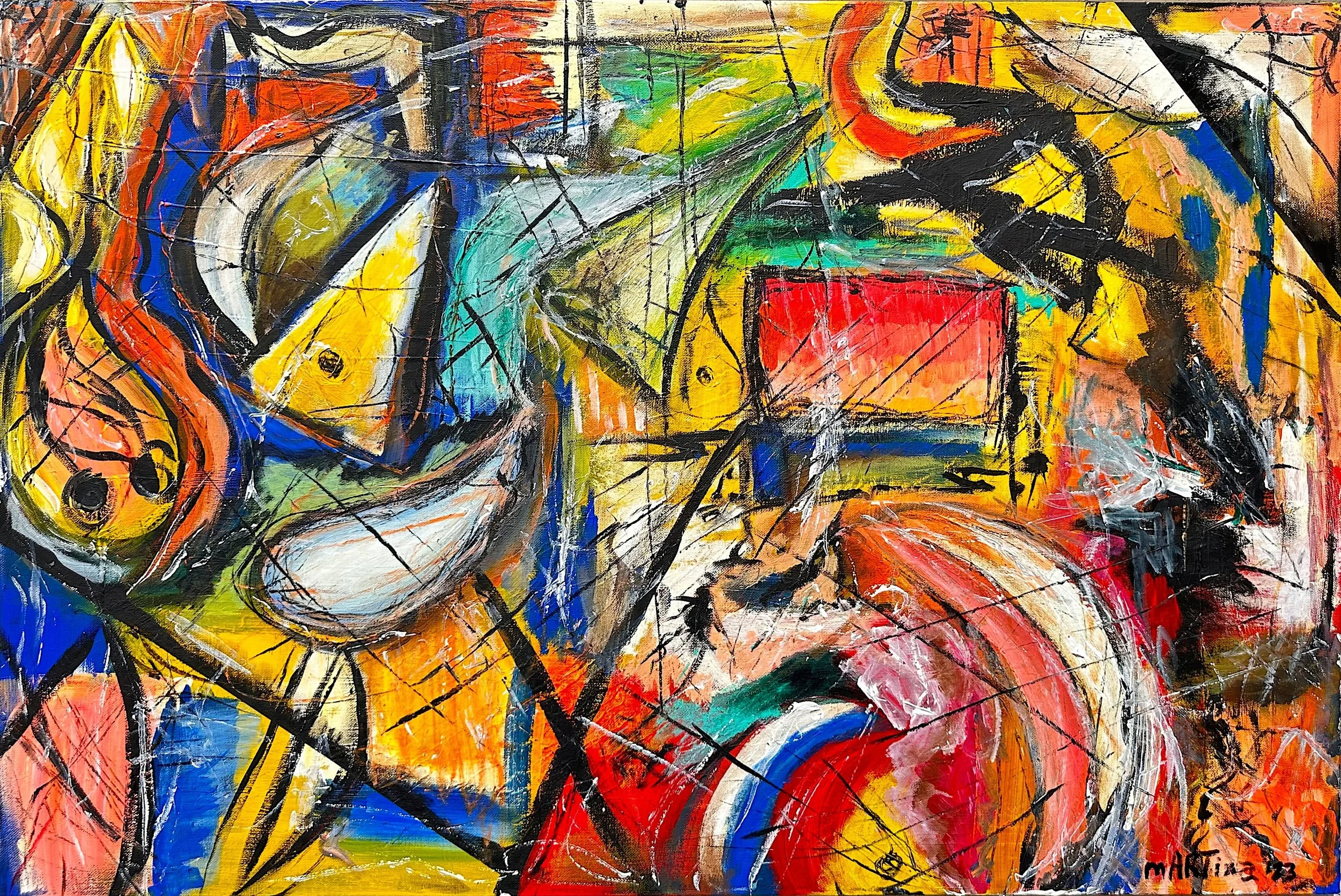 Abstract painting with colorful shapes, black lines, and brush strokes in shades of yellow, red, blue, green, white, and orange.