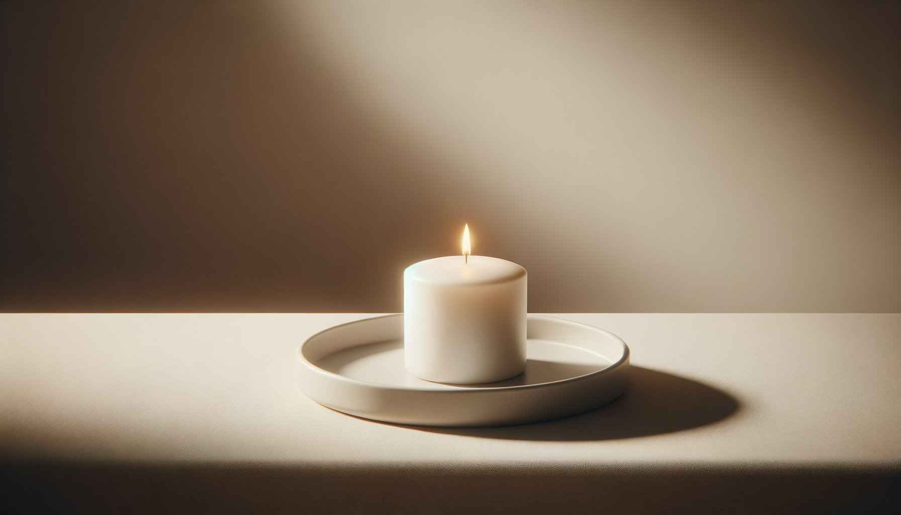 A lit white candle on a white ceramic dish with a shadow cast on the surface beneath it, against a neutral background.
