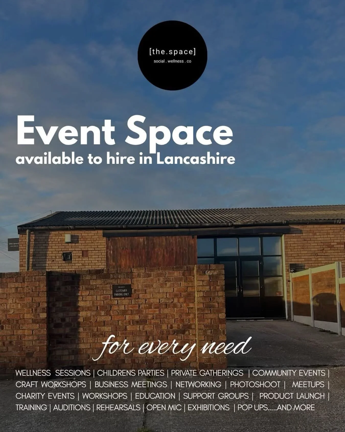 [the.space]
Eclectic &amp; exclusive event space available to hire 
Enquire via WhatsApp or book online https://www.thespacehq.co

Facilities: 
Fully accessible
Central heating 
Log burner 
Plenty private parking onsite 
Basic kitchen 
Table &amp; ch