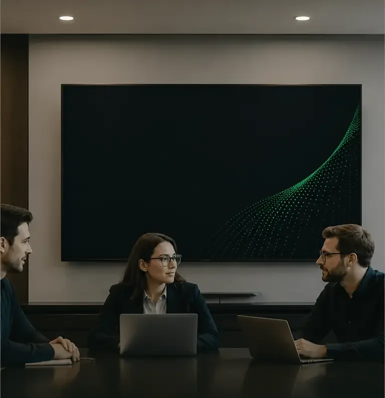 Business team discussing AI training in a modern boardroom