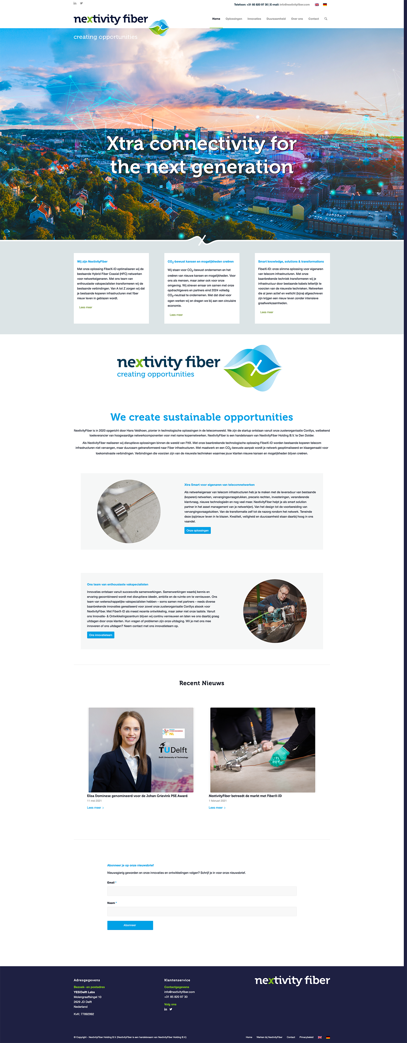 Screenshot van een website over Nextivity Fiber die zich richt op duurzame telecommunicatie-infrastructuur en innovatie.