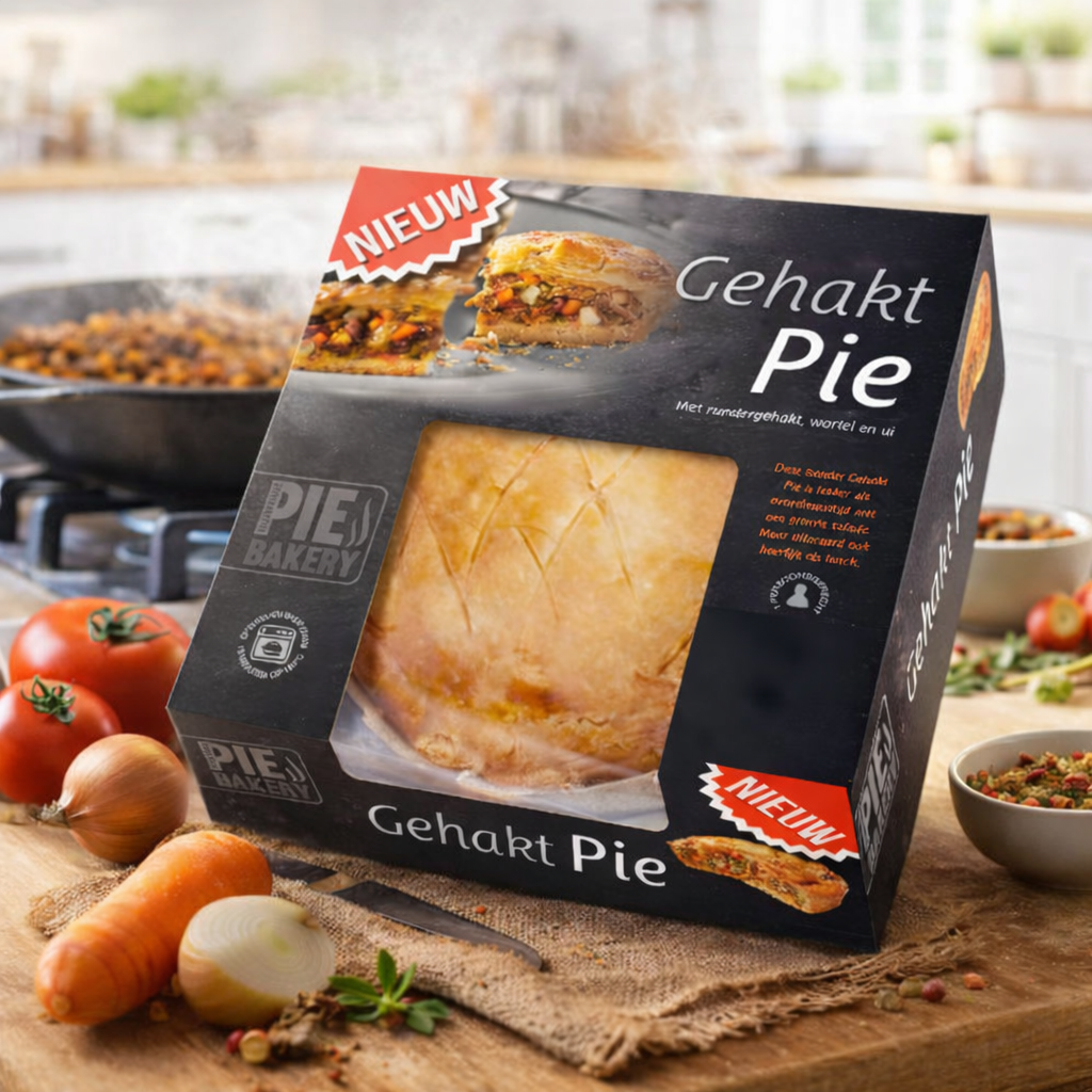 Verpakte gehakt pie van Pie Bakery met een doorzichtige venster die de taart toont, met verse groenten zoals tomaten, uien en wortels op de voorgrond, en een keuken achter in de achtergrond.