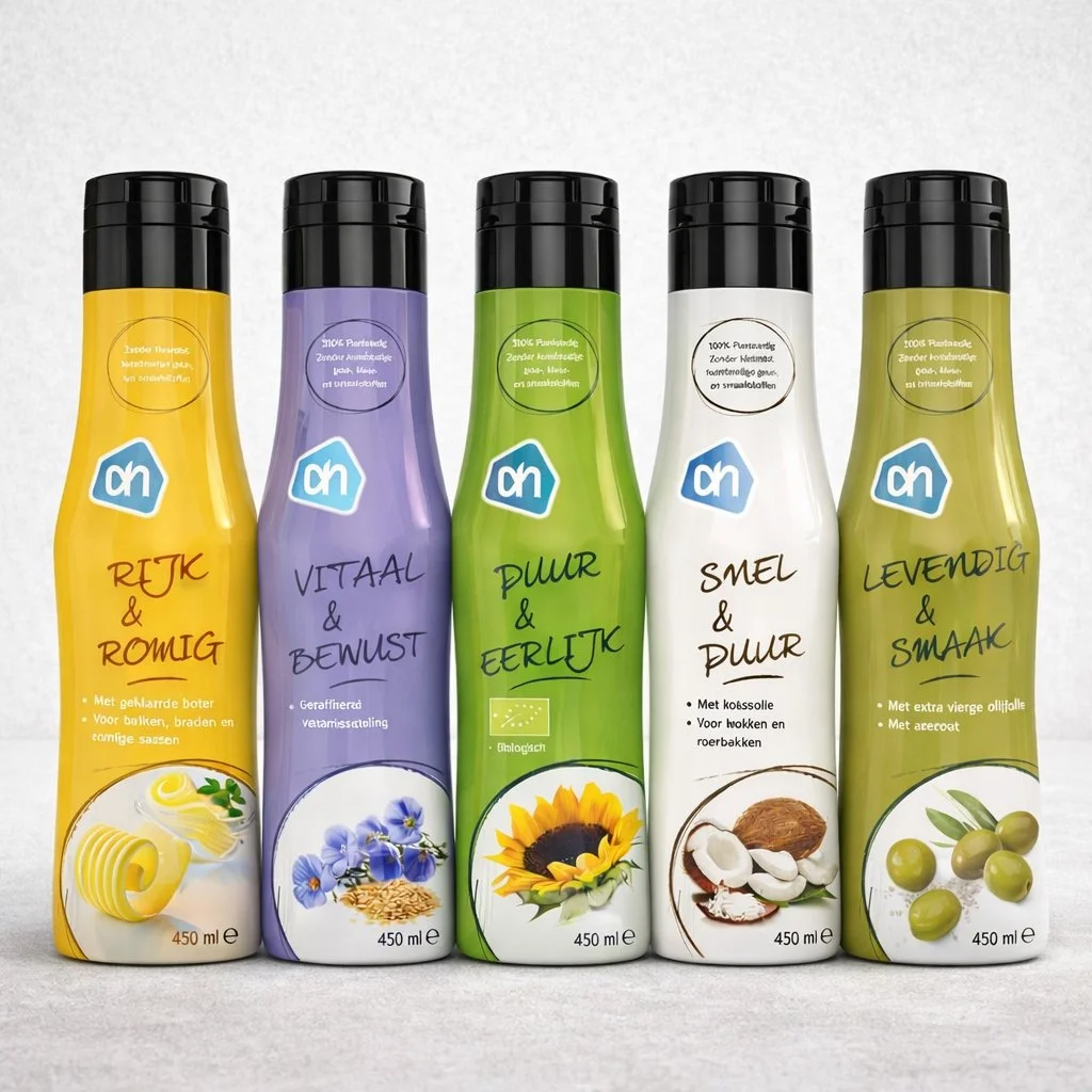 Vijf flessen op een rij met diverse kruiden- en smaakmakers, elk met een andere kleur en tekst, bedoeld voor koken en smaakgeving.