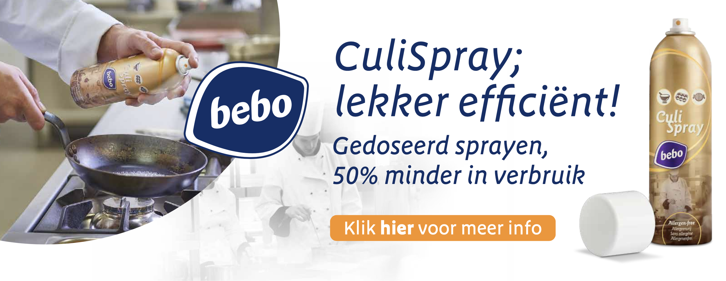 Advertentie voor beko Cul Spray, met een beweging van iemand die het product aan het koken gebruikt en een grote fles Cul Spray op de rechterkant.