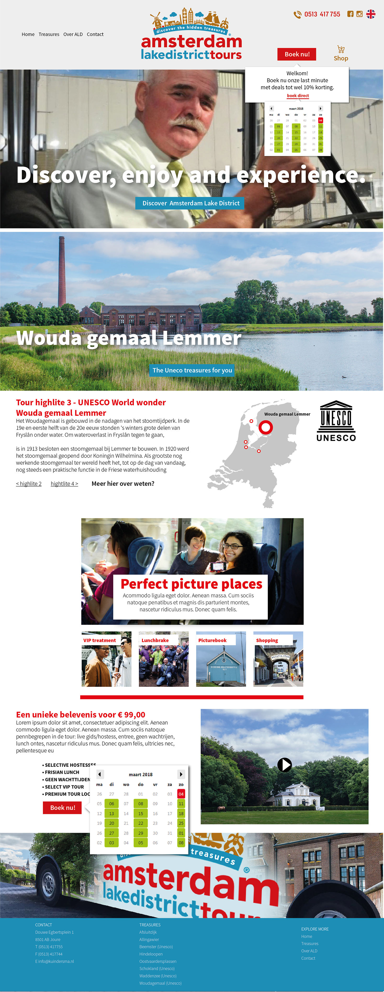 Webpagina over toeristeninformatie in Amsterdam met foto's van een man met een snor, het landschap rond Lemmer en groepen mensen die op toeristische locaties zijn.