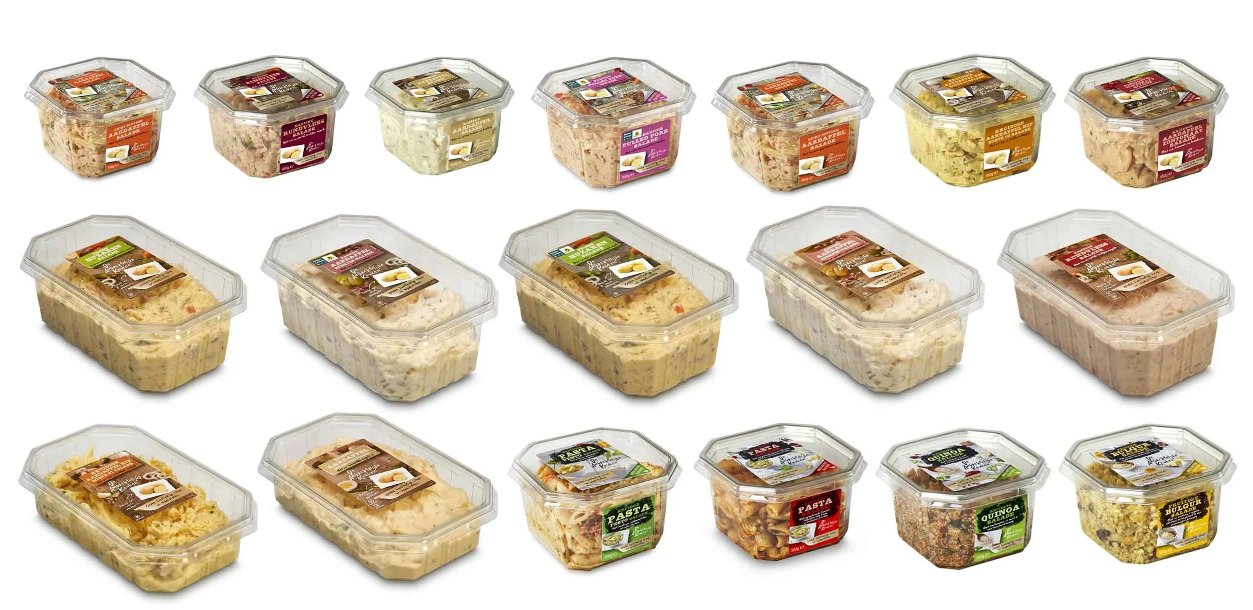 Verzameling van verschillende soorten aardappelsalades en pastasalades in plastic containers.
