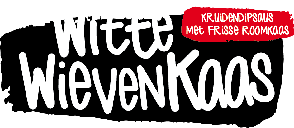 Vrije tekst met de woorden 'Witte Wievankas' en een rode banner met witte tekst 'Kruidenipsaus met frisse romkaas' op een zwarte achtergrond.