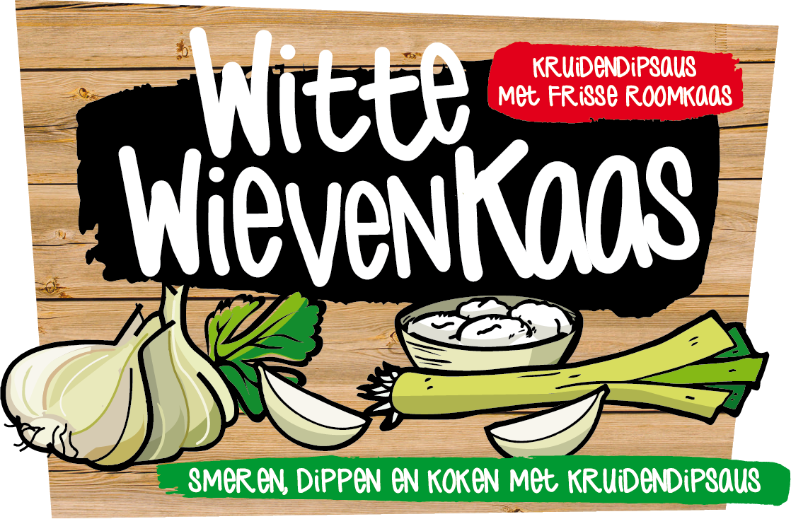 Voorbeeld van een kruiden-dipsaus met verse roomkaas, knoflook, prei en kruiden, met houtachtergrond en tekst in het Nederlands.