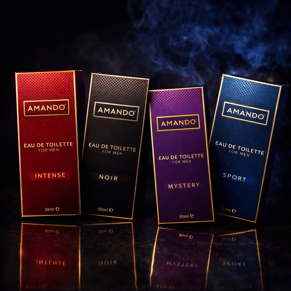 Vier opstaande parfumverpakkingen van AMANDO, elk met een andere kleur en textuur, vermeldend 'Eau de Toilette voor mannen' en de geurnamen 'Intense', 'Noir', 'Mystery' en 'Sport', met een donkere achtergrond en reflectie op het oppervlak.
