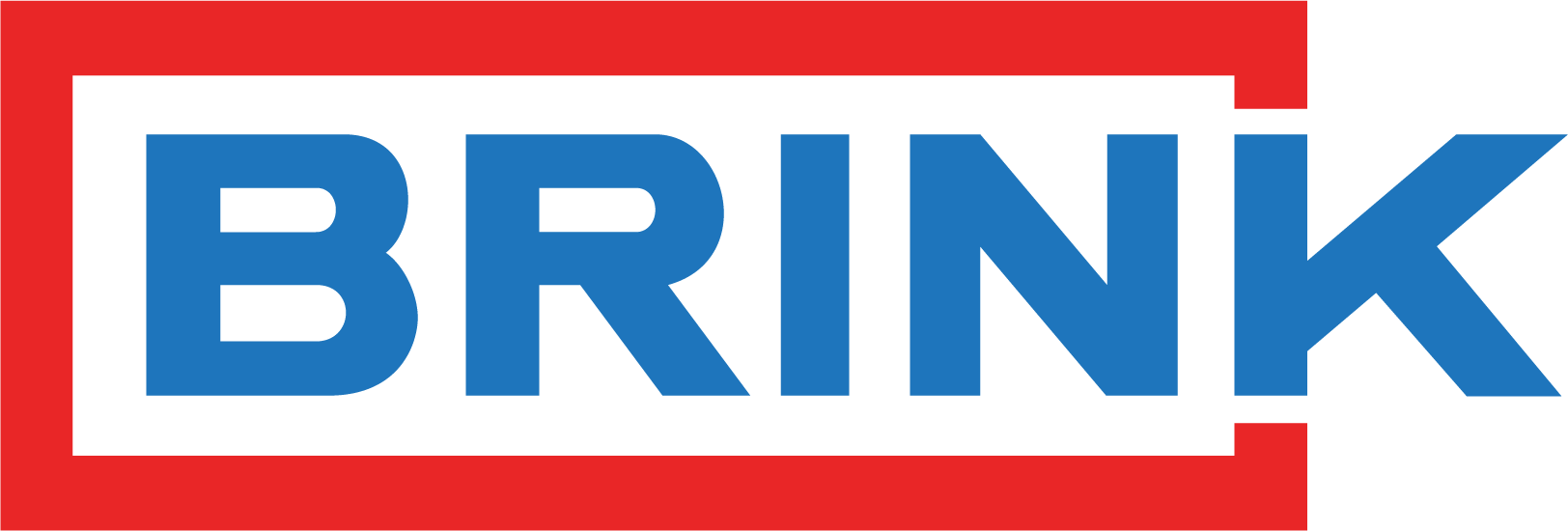 Logo met de woorden 'BRINK' in blauw op een zwart veld, omgeven door een rood kader.