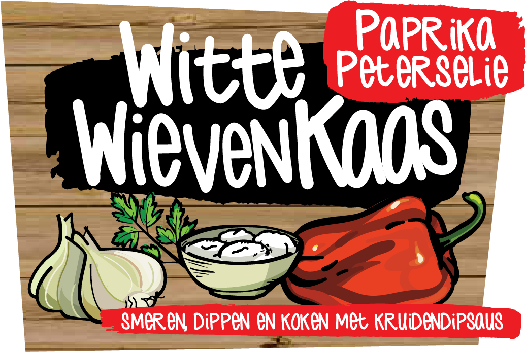 Voorbeeld van een productverpakking met een afbeelding van knoflook, peterselie, een paprika en knoflookdressing, met tekst in het Nederlands.