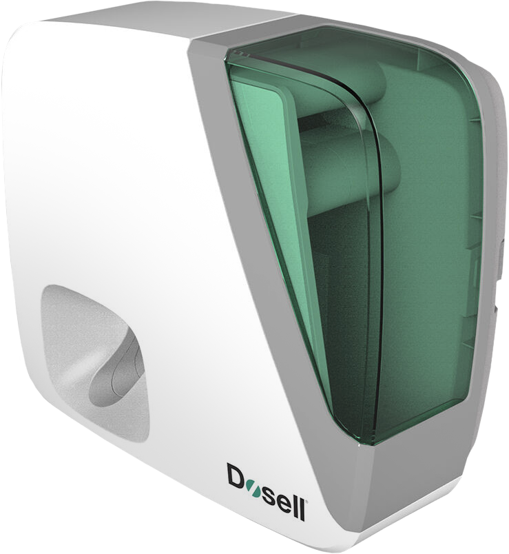 Automatische wasdroger met groen deksel en het logo 'Dosell' op de voorkant.