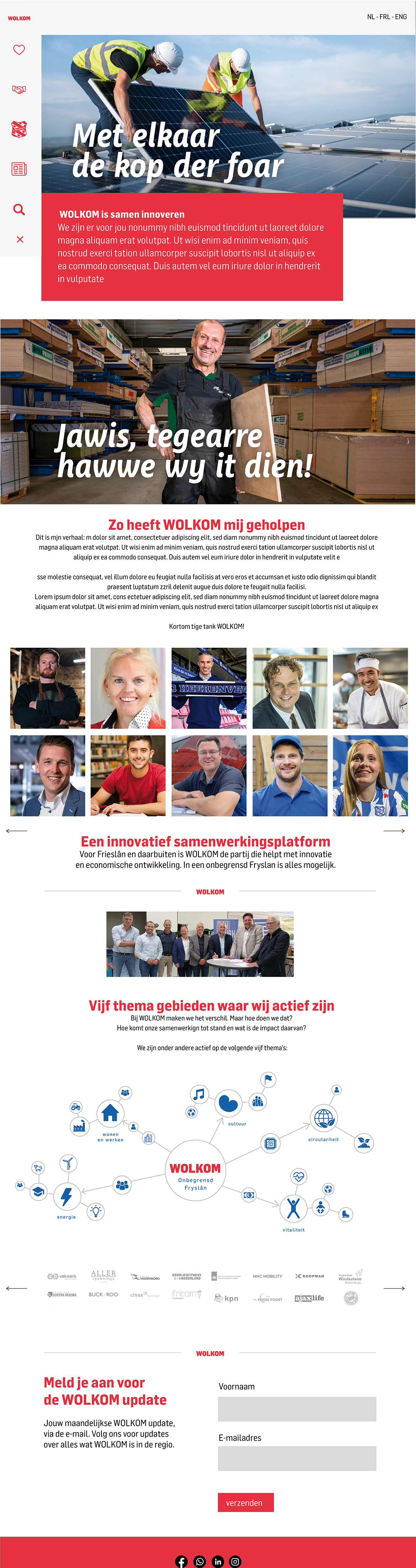 Een webpagina over WOLKOM met onderwerpen als innovatie, samenwerking en thema's zoals energie en circulariteit. Bovenaan een foto van twee mensen die op zonnepanelen werken, gevolgd door een foto van een glimlachende man in een magazijn, en een collage van groepsfoto's. Onder andere tekstblokken en een inschrijfformulier voor updates.