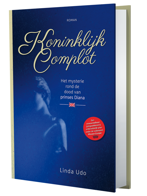 Een blauw boek met de titel 'Koninklijk Complot' en een subtitel over het mysterie rond de dood van prinses Diana, geschreven door Linda Udo.