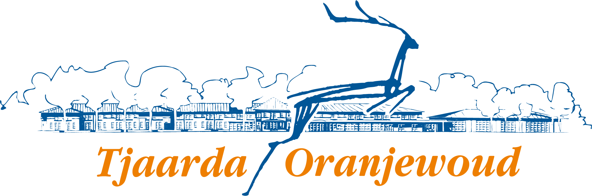 Logo van Tjarda Oranjeveld met een blauw lijntekening van een dorp en een windmolen, en de tekst 'Tjarda Oranjeveld' in oranje
