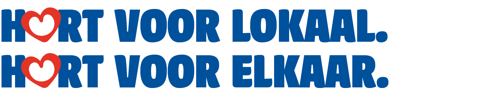 Tekst met de woorden 'HART VOOR LOKAAL. HART VOOR ELKAAR' met hartvormige iconen