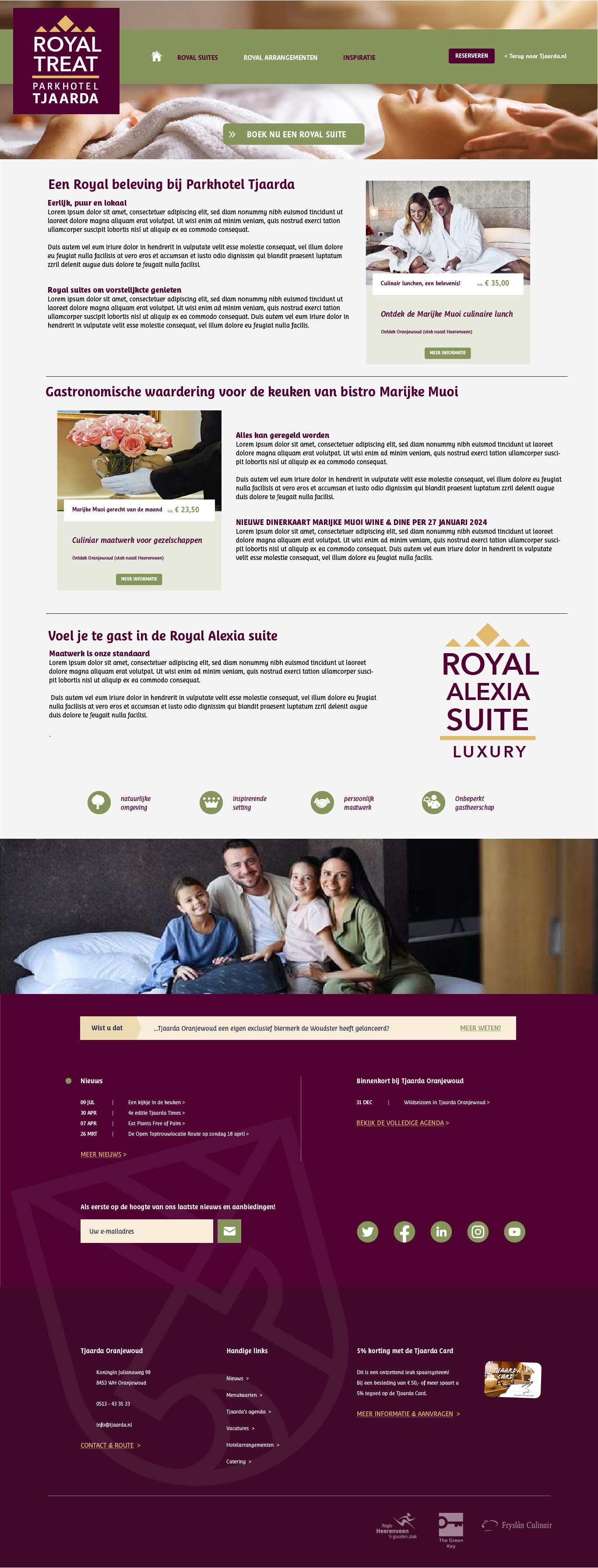 Een webpagina van Parkhotel Tjaarda met informatie over hun Royal Suite, arrangementen, culinair lunchaanbod en faciliteiten, met foto's van mensen die genieten en een familiefoto met vier personen op een bed.