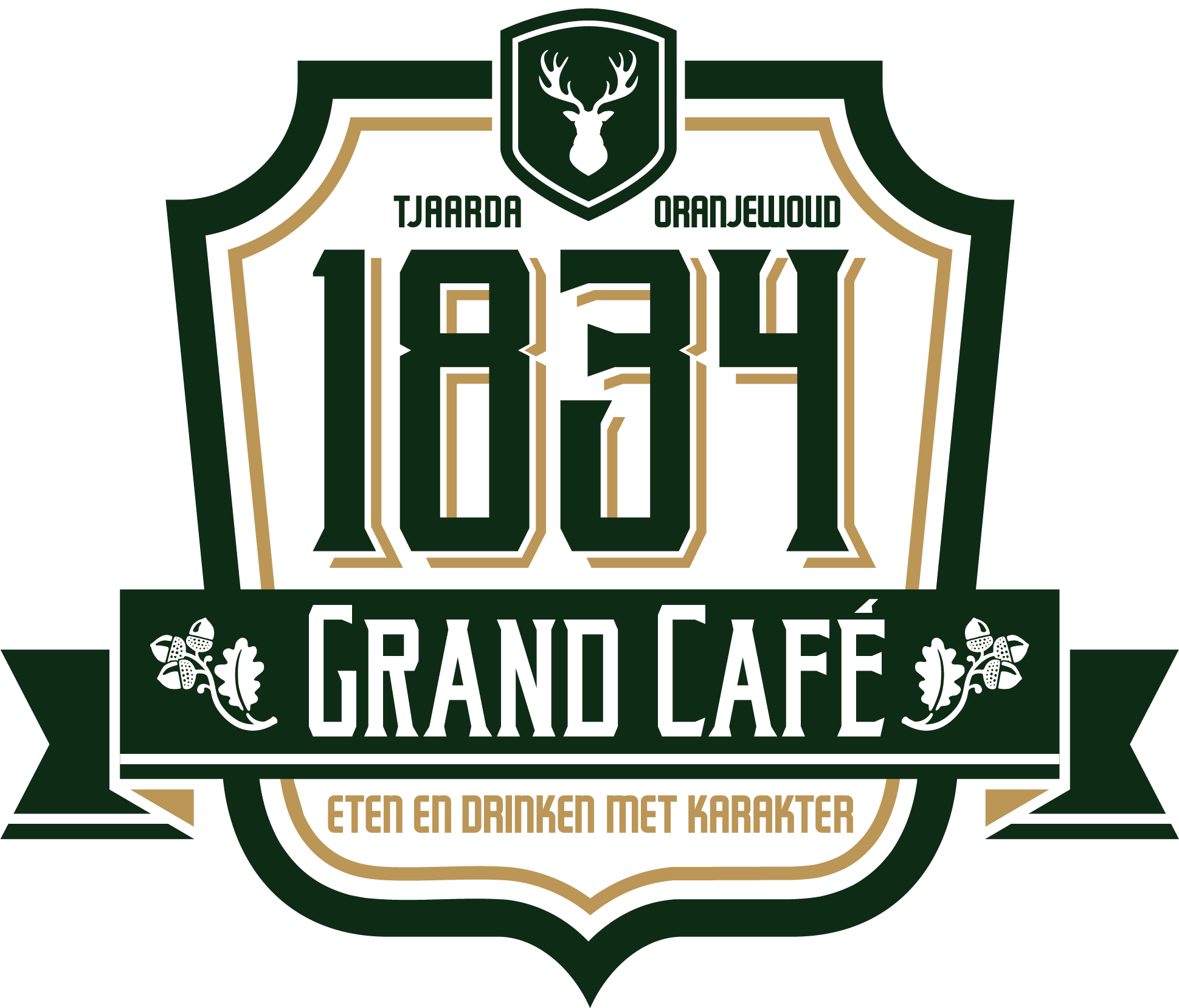 Logo van Grand Café met de tekst 'Jaar 1934 OranjeWoud' en 'Eten en drinken met karakter', versierd met een hertenkoppictogram.