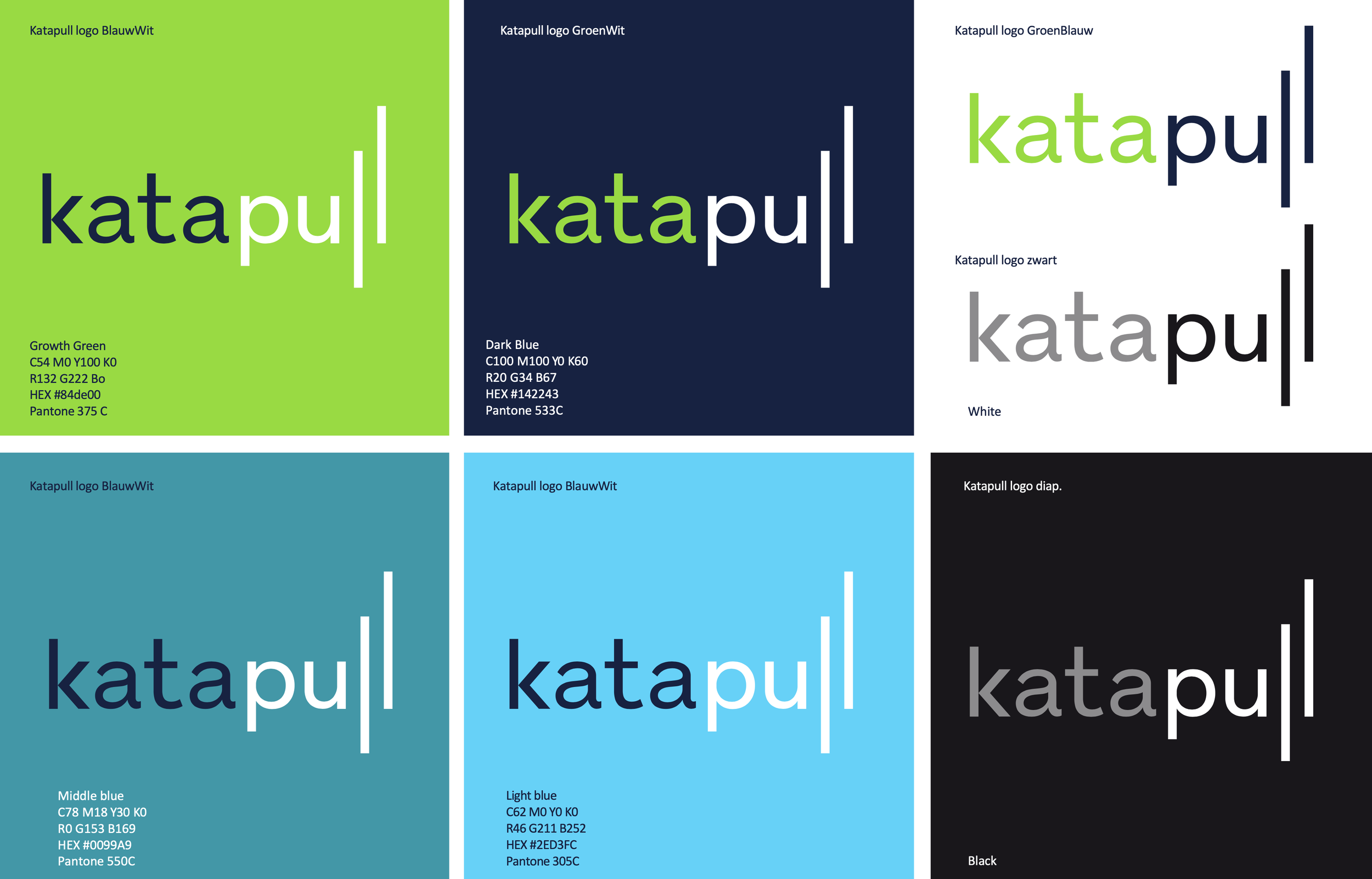 Logo-ontwerp met de tekst 'katapul' in verschillende kleuren en stijlen, waaronder groen, donkerblauw, wit, turquoise, lichtblauw, en zwart, elk met bijbehorende kleurinformatie.