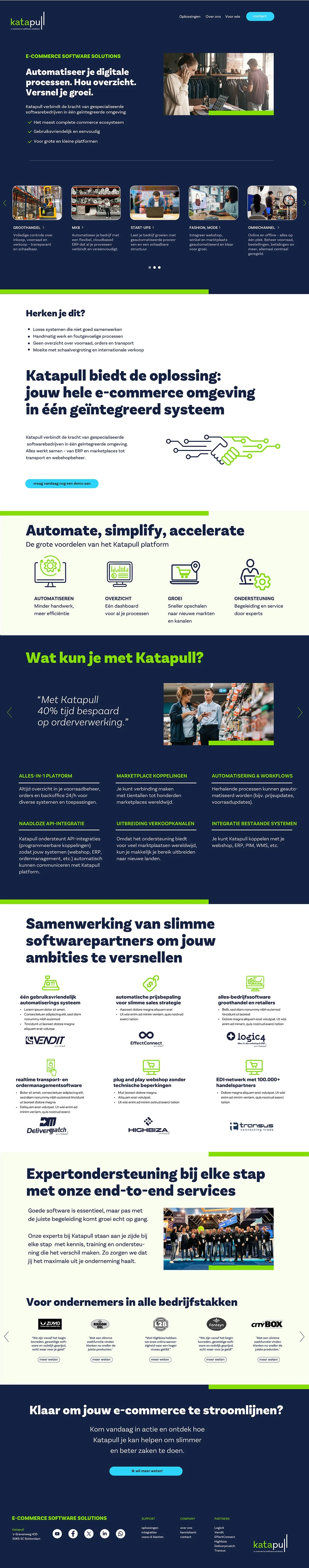 Een lange webpagina met informatie over e-commerce software oplossingen van Katapull. De pagina bevat koppen, paragrafen, icoontjes en afbeeldingen, inclusief een foto van mensen die in een winkel werken.