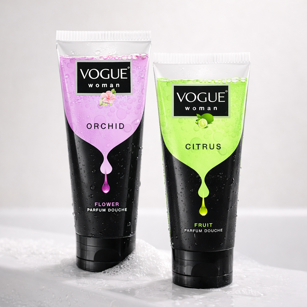 Twee tubes doucheparfum van Vogue Woman, één met een Orchid bloemgeur en de ander met een Citrus fruitgeur, met waterdruppels op de tubes.