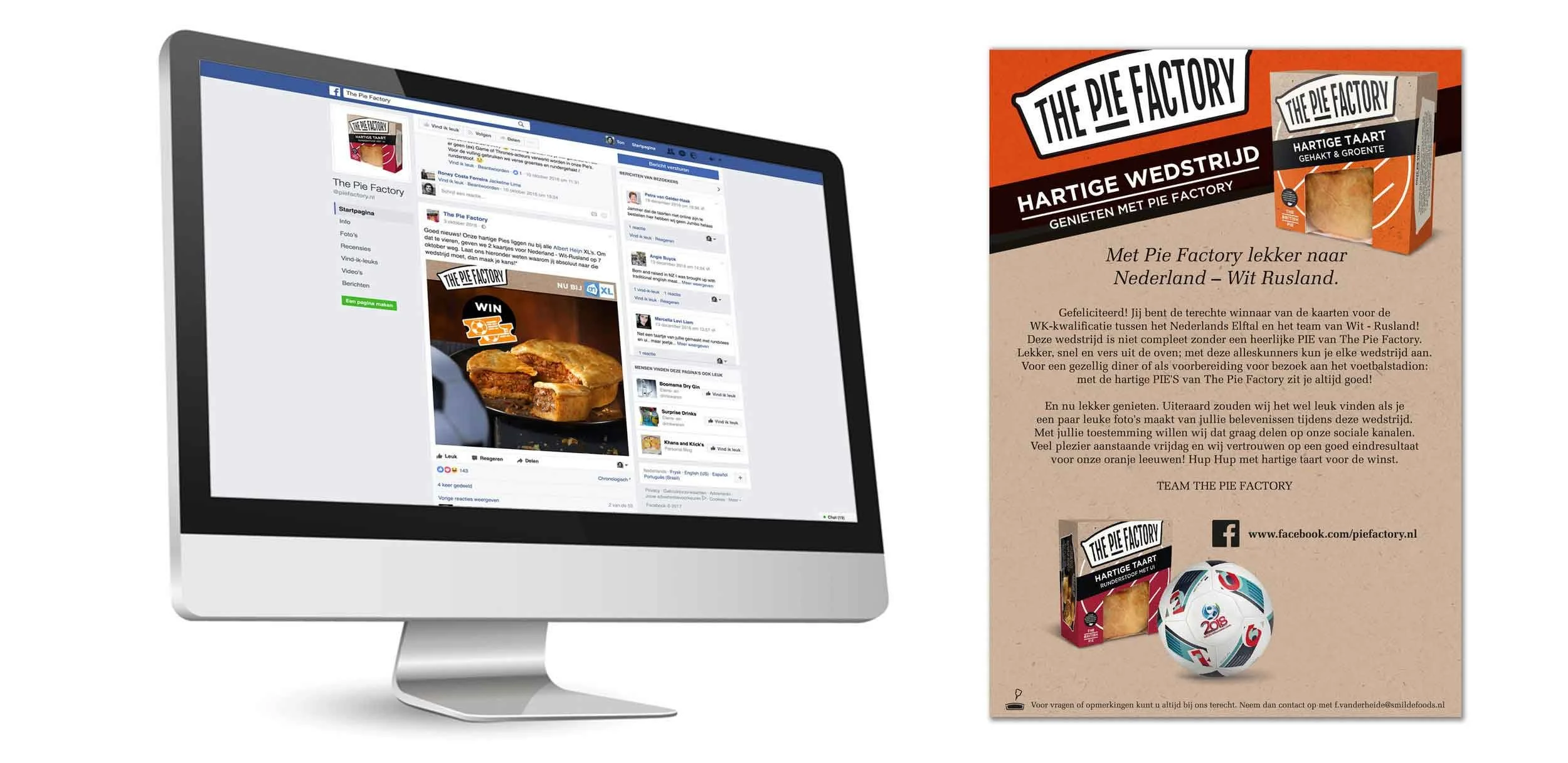 Reclameposter voor The Pie Factory met tekst over het winnen van een wedstrijd en het genieten van hartige taarten, inclusief een afbeelding van een taartpakket en een voetbal. Daarnaast een computerbeeld met een Facebookpagina van The Pie Factory, waar een hartige taart wordt getoond.