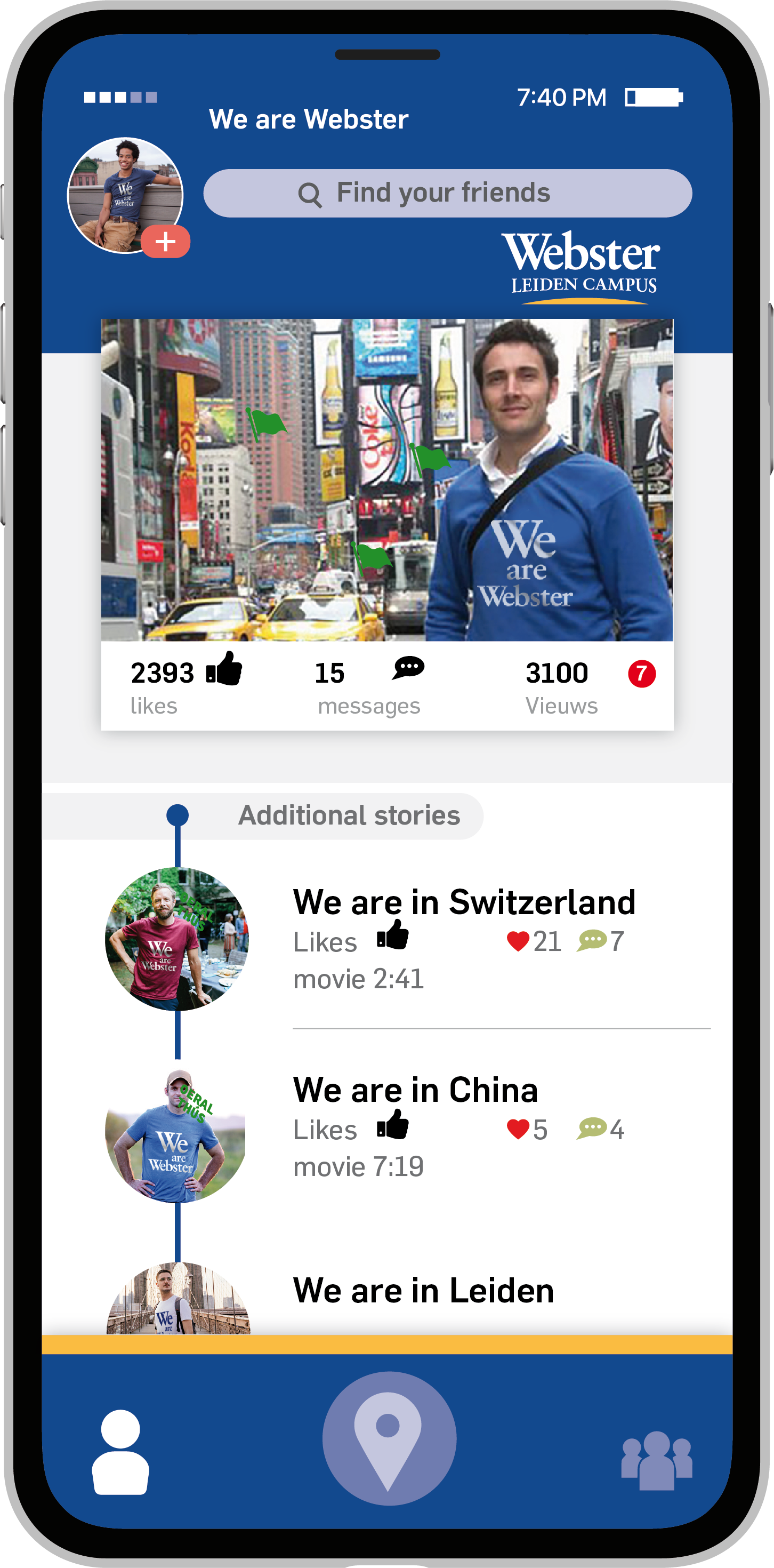 Mobiele app-scherm met profiel van een jonge man met een blauwe jas met de tekst "We are Webster". Op de achtergrond een stedelijk landschap met billboards en taxis. Onder de profielinformatie twee verhalen over de locaties van de gebruiker, zoals Zwitserland, China en Leiden.
