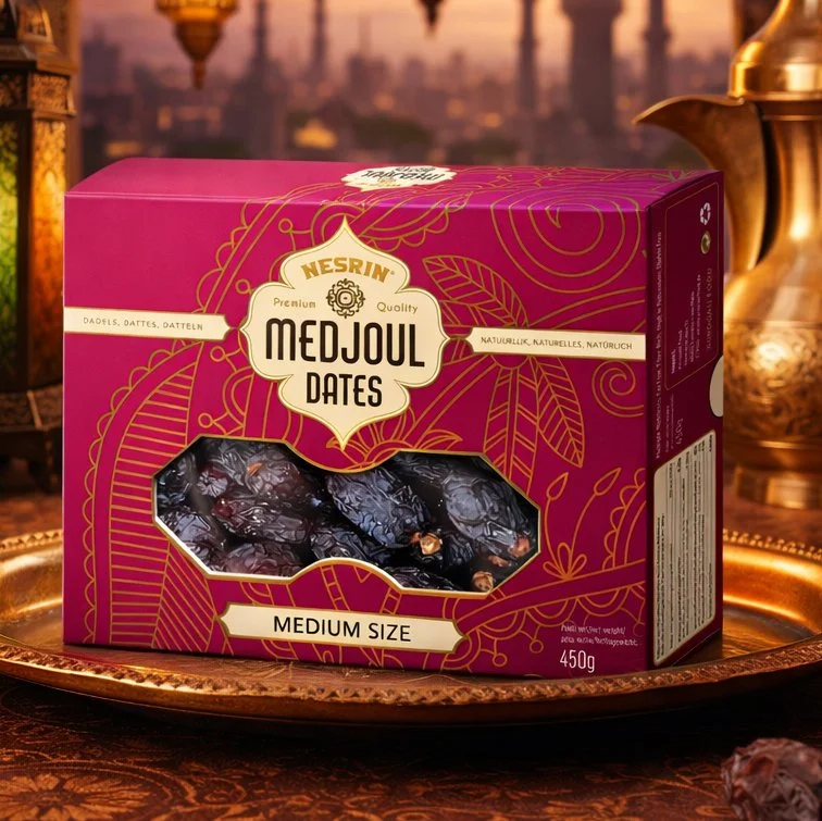 Een doos Nesrin Medjoul dadels op een gouden dienblad met een gouden thee- of waterkan op de achtergrond.