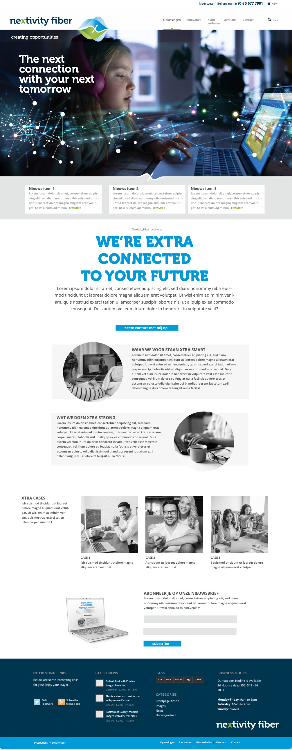 Screenshot van een website van Nextivity Fiber met een afbeelding van een meisje dat op een laptop werkt, omgeven door digitale netwerken en verbonden apparaten.