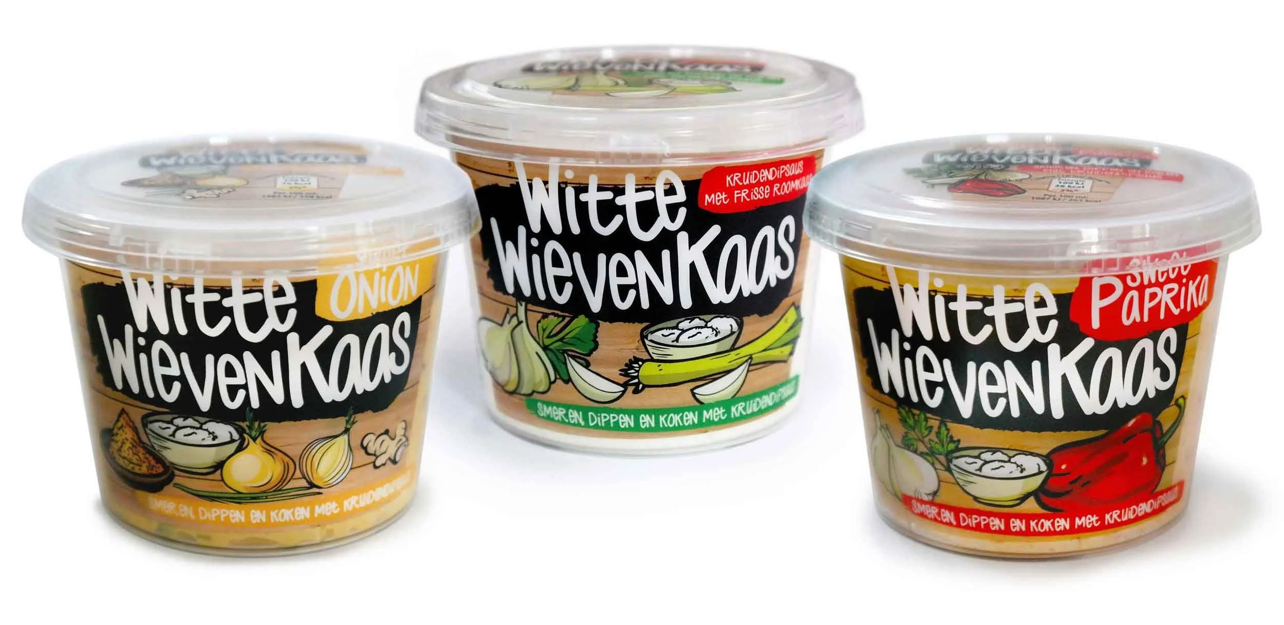 Drie verpakkingen van witte Wievenkaas met verschillende smaken: Onion, Kräuter, en Paprika, elk met kleurrijke labels en illustraties van ingrediënten.