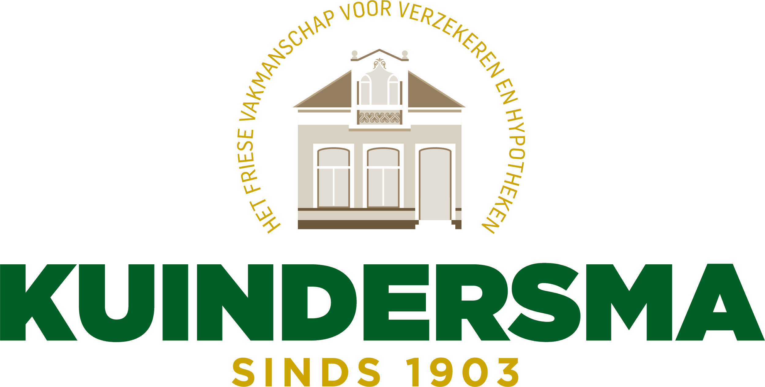 Illustratie van een wit gebouw met drie ramen en een toegangsdeur, omringd door een gouden cirkel met Nederlandse tekst, onder het woord 'KINDERSMA' in grote groene letters en de datum 'SINDS 1903'.