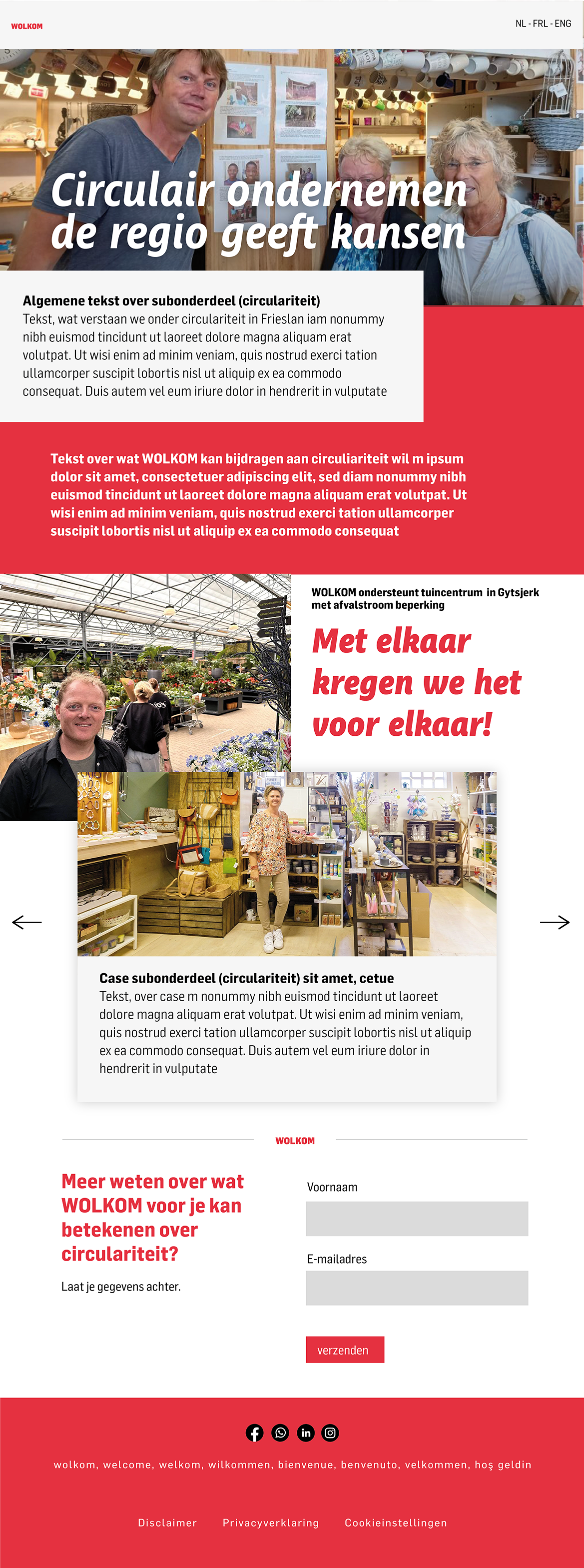 Fotograaf van een brochure over circulariteit met mensen in een tuincentrum en een winkel. Vooraan een man met een zwarte blouse, achter een vrouw met een kleurrijk blouse, en een vrouw met witte jasje.