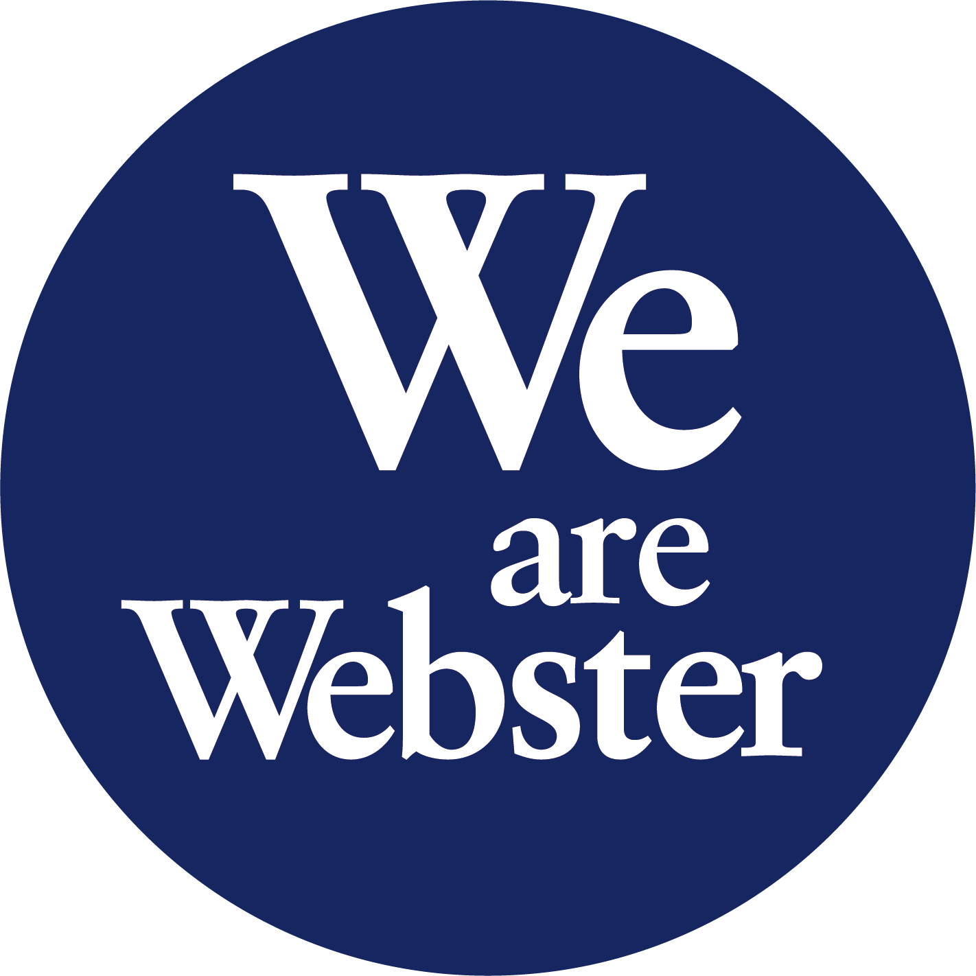 Een ronde blauwe badge met witte tekst die zegt: "We are Webster".