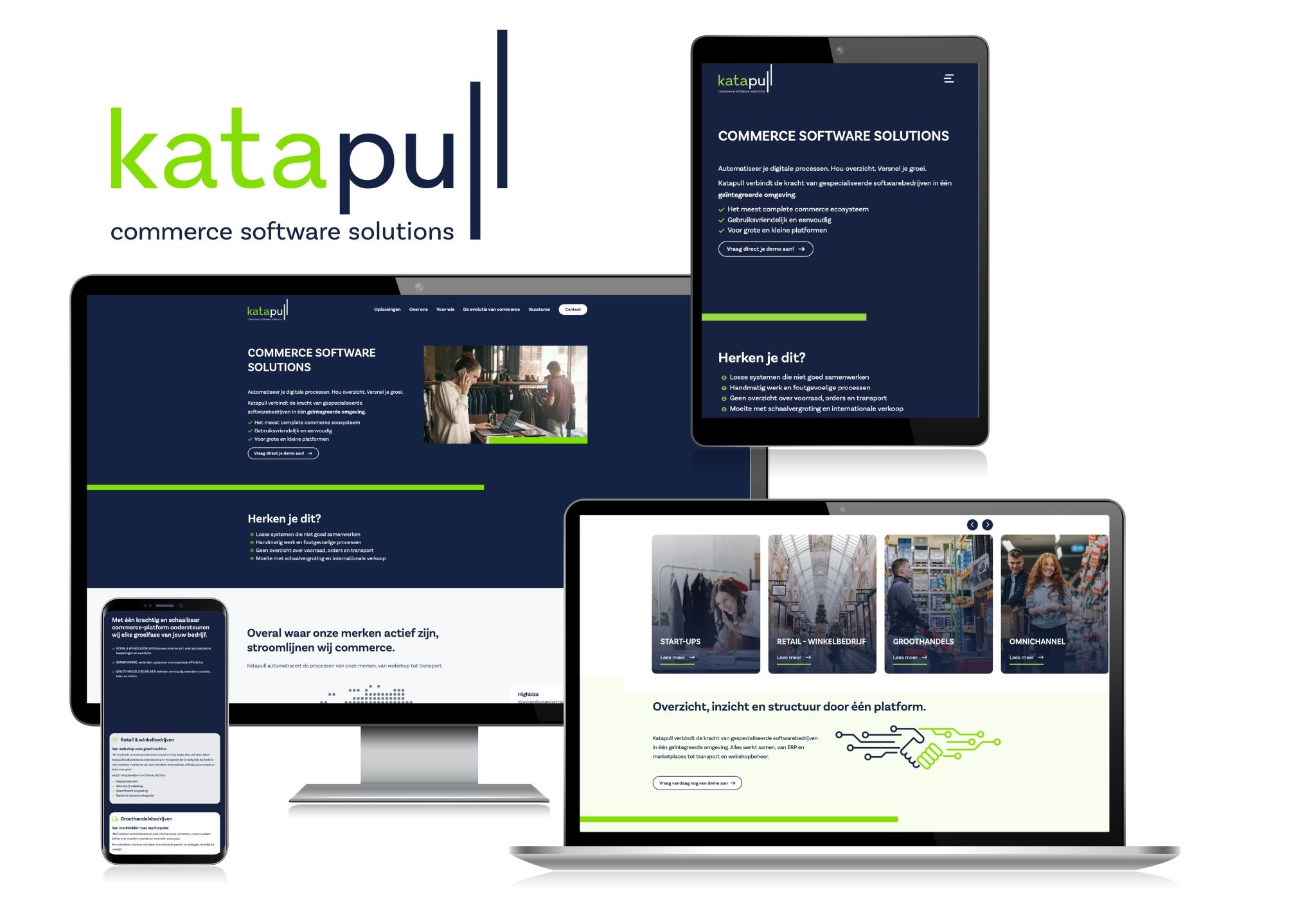 Een collage van verschillende elektronische apparaten die de website van Katapul tonen, inclusief een smartphone, een desktopcomputer en een tablet, elk met schermen die informatie over softwareoplossingen voor commerce presenteren.