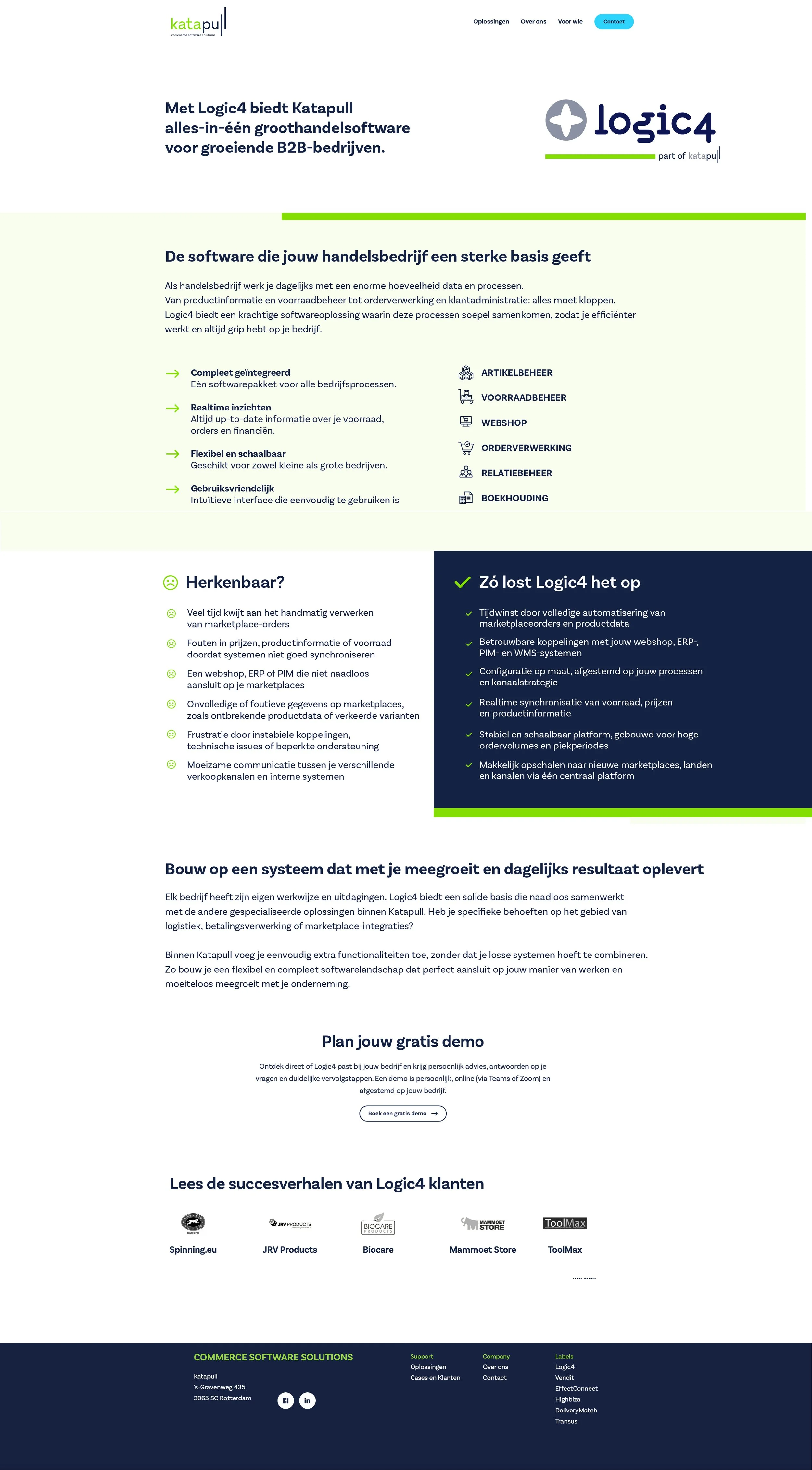 Screenshot van de homepage van de website Katapull, die softwareoplossingen voor B2B-bedrijven promoot, met informatie over Logic4, functies en voordelen van de software, en opties voor een gratis demo.