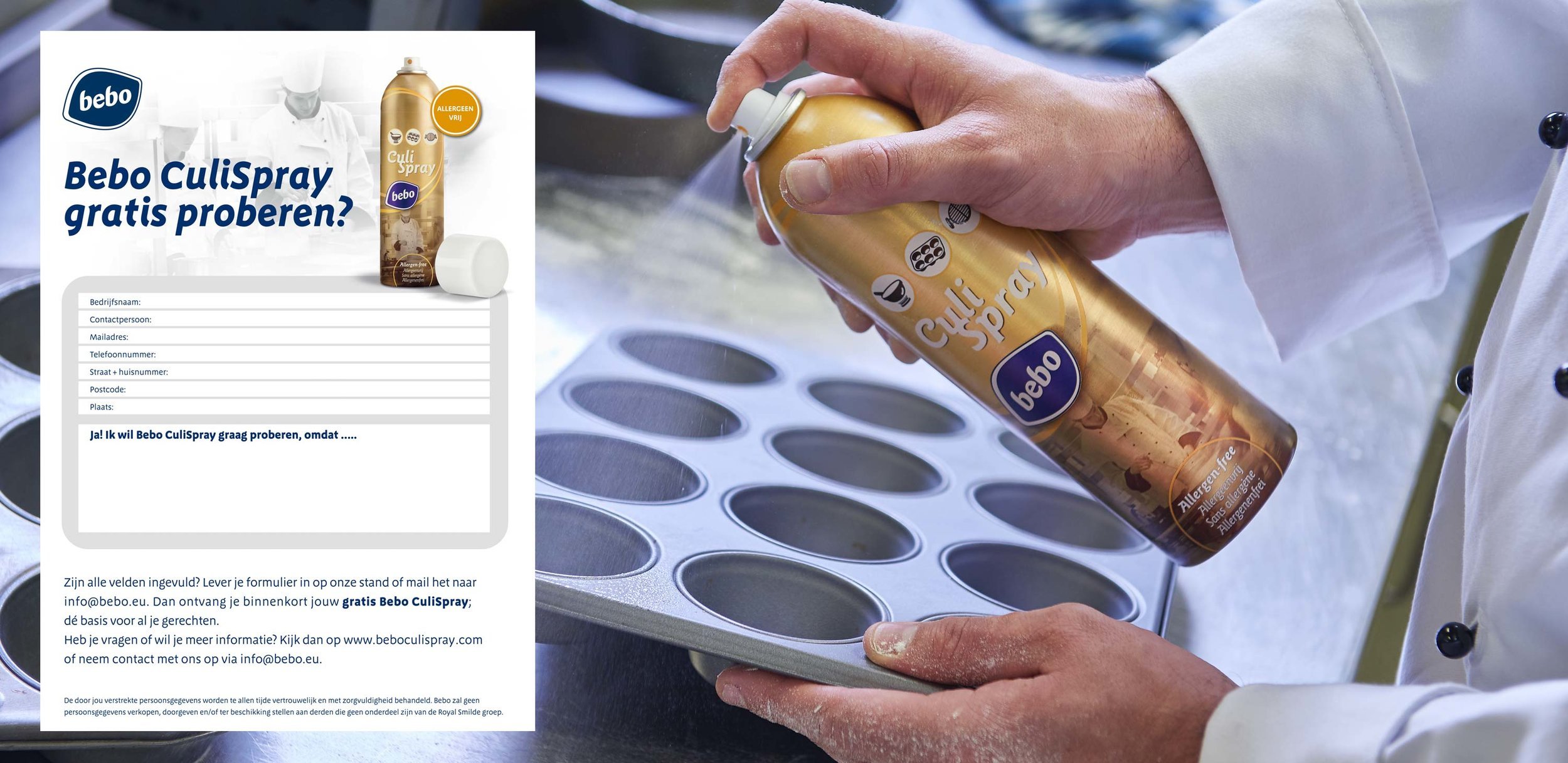 Een persoon spuit Bebo CuliSpray op een bakje met holtes dat klaar is voor bakken, het lijkt een keukenscène.