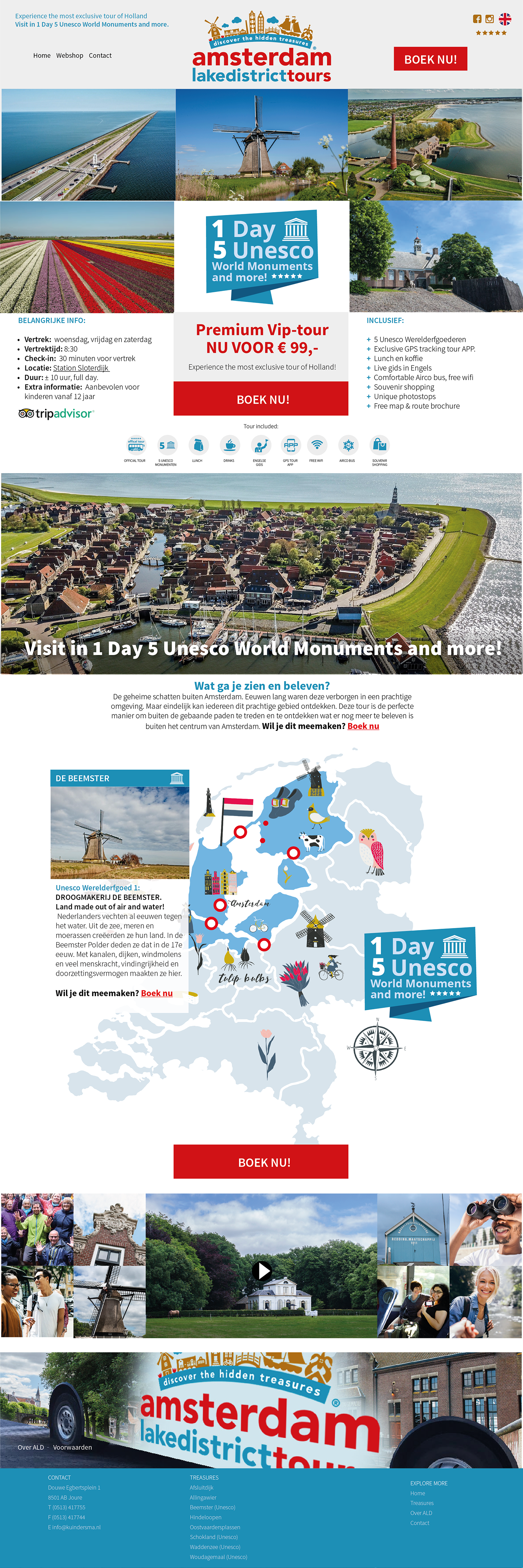 Een promotie voor een eendaagse rondleiding langs 5 UNESCO Werelderfgoederen in Nederland, inclusief foto's van het Nederlandse landschap, molens, historische gebouwen en toeristische attracties.