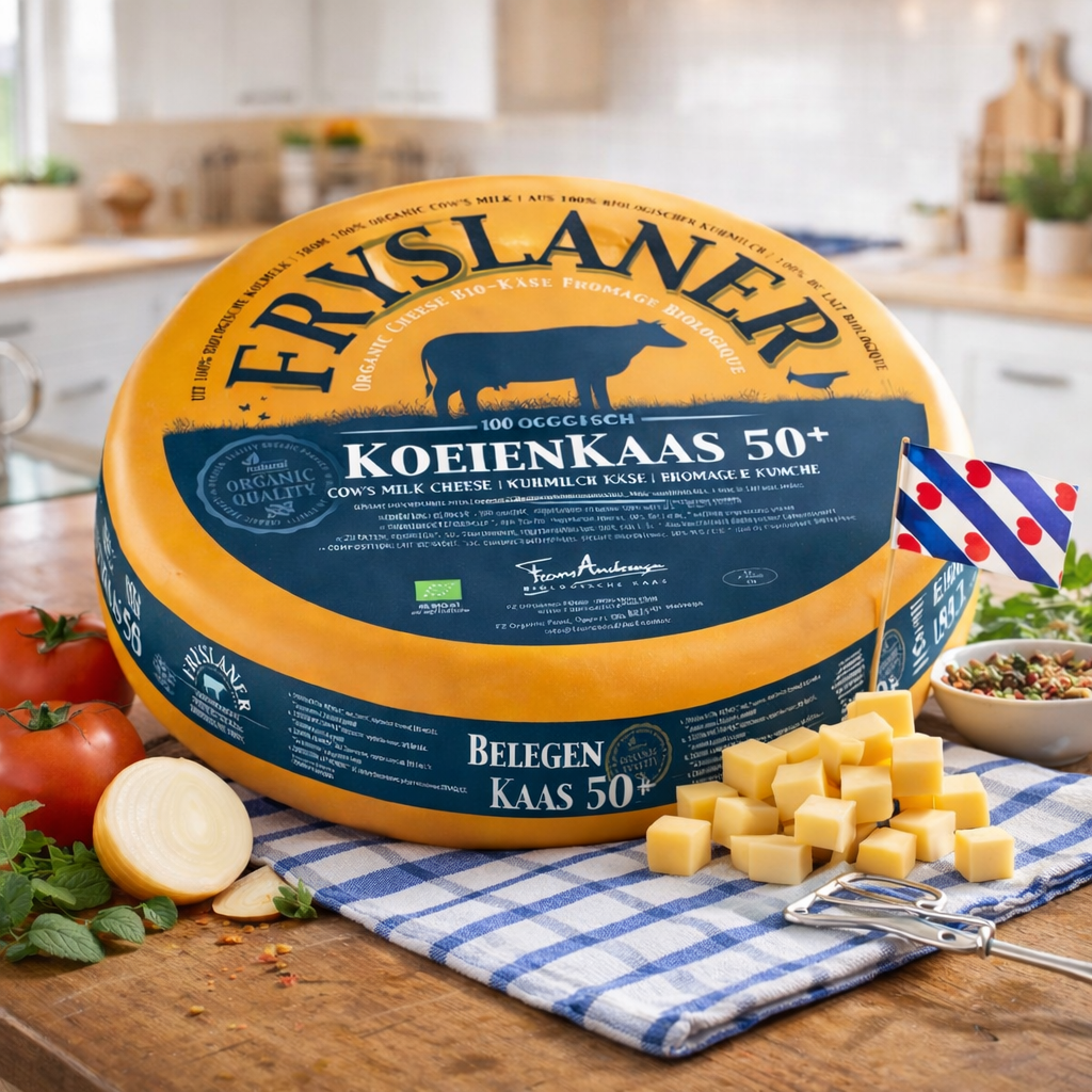 Grote ronde kaas met Europese label en koe-illustratie, omringd door tomaten, ui, kaasblokjes en een salade, op een keukentafel met een blauwe en witte doek.