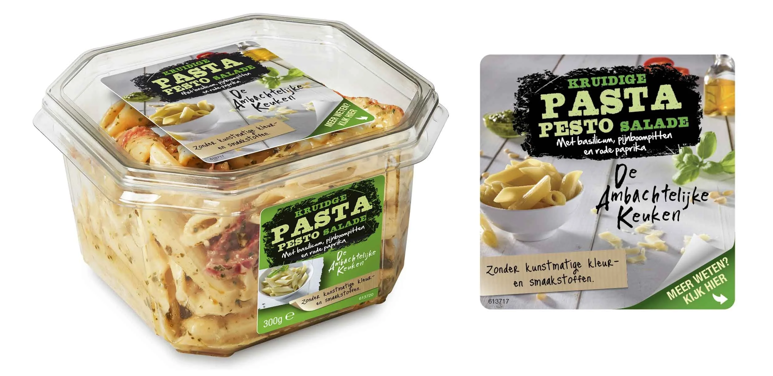 De verpakking en het ontwerp van een saladecontainer met groene en zwarte labels, met pasta, pesto, basilicum en pijnboompitten, en een foto van de salade op een achtergrond met witte houten planken en ingrediënten.