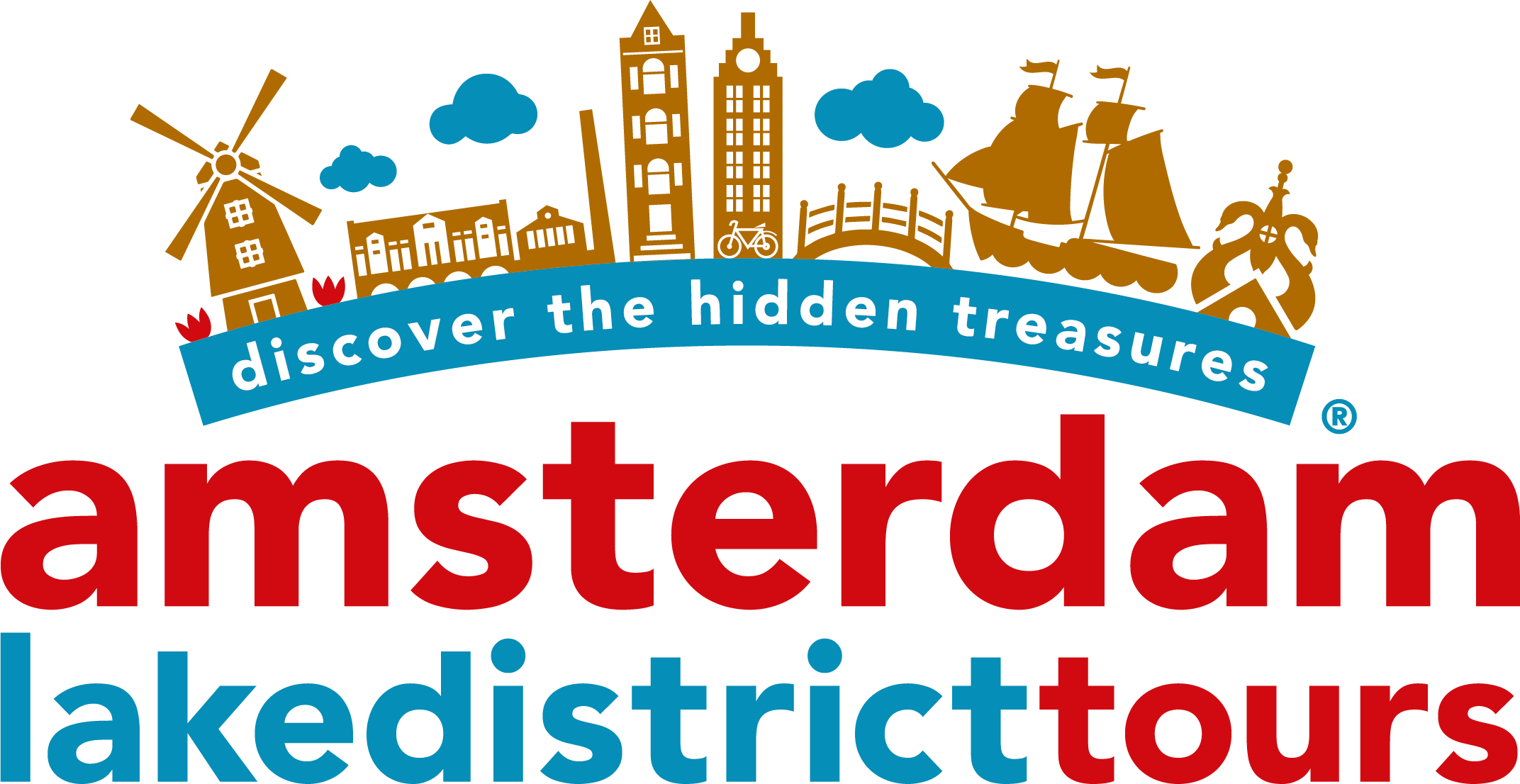 Logo van Amsterdam Bedrijfstoeristen met iconen van molen, gebouwen, fietser, brug, zeilboot en paard, en de tekst 'Discover the hidden treasures' boven de naam 'Amsterdam' en 'lakedistricttours' onderaan.