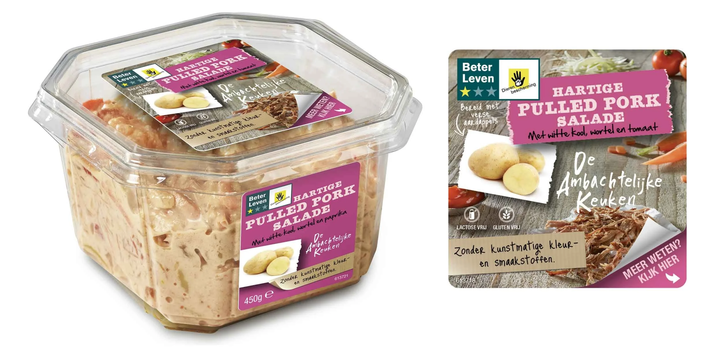 Een plastic bak met pulled pork salade, met witte kool, wortel en tomaat, en een grote label met informatie in het Nederlands.