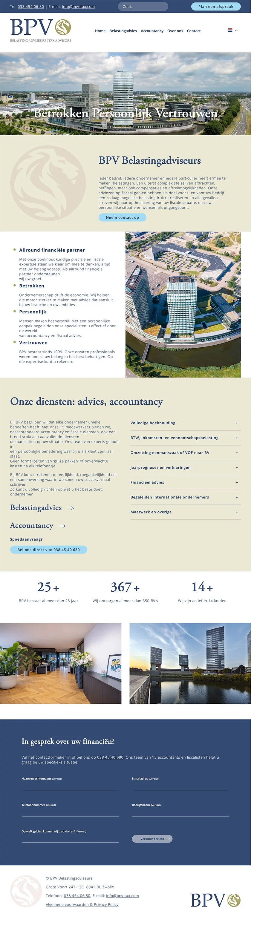 Screenshot van de homepage van BPV Belastingadviseurs, een bedrijf gevestigd in Zwolle, Nederland. Het portaal biedt informatie over diensten zoals belastingadvies, accountancy en fiscale diensten, inclusief contactgegevens en enkele foto's van het kantoor en het stadsbeeld.