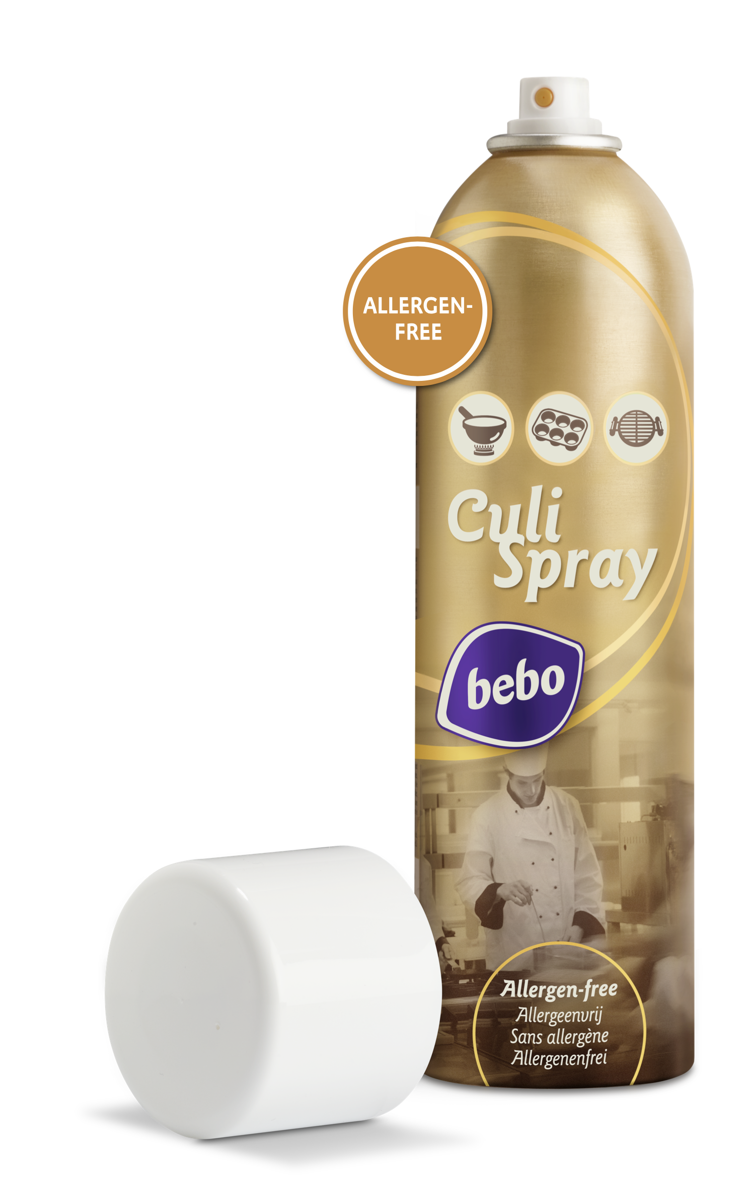 Een can spray met allergievrije kookspray en een witte dop