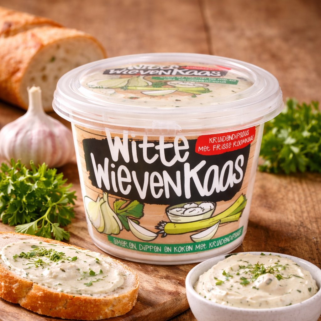Bakje witte wijnkaas met kruiden, geserveerd met een stuk stokbrood met smeerkaas en verse kruiden, op een houten snijplank.