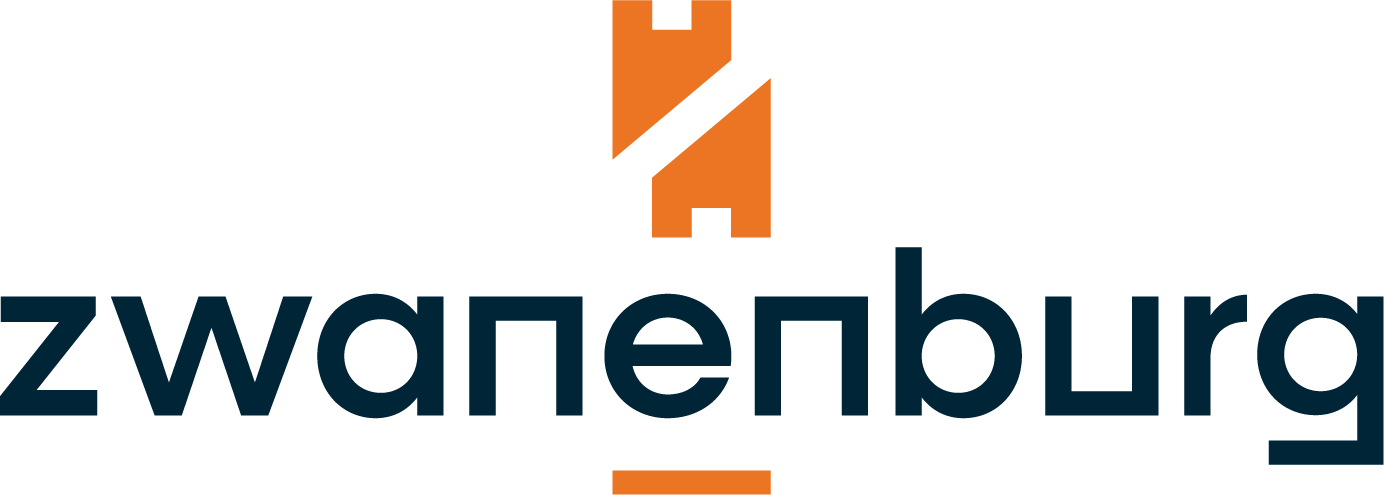 Logo van Zwangerschap, met een gestileerde afbeelding van een huis en een baby in oranje en zwart.