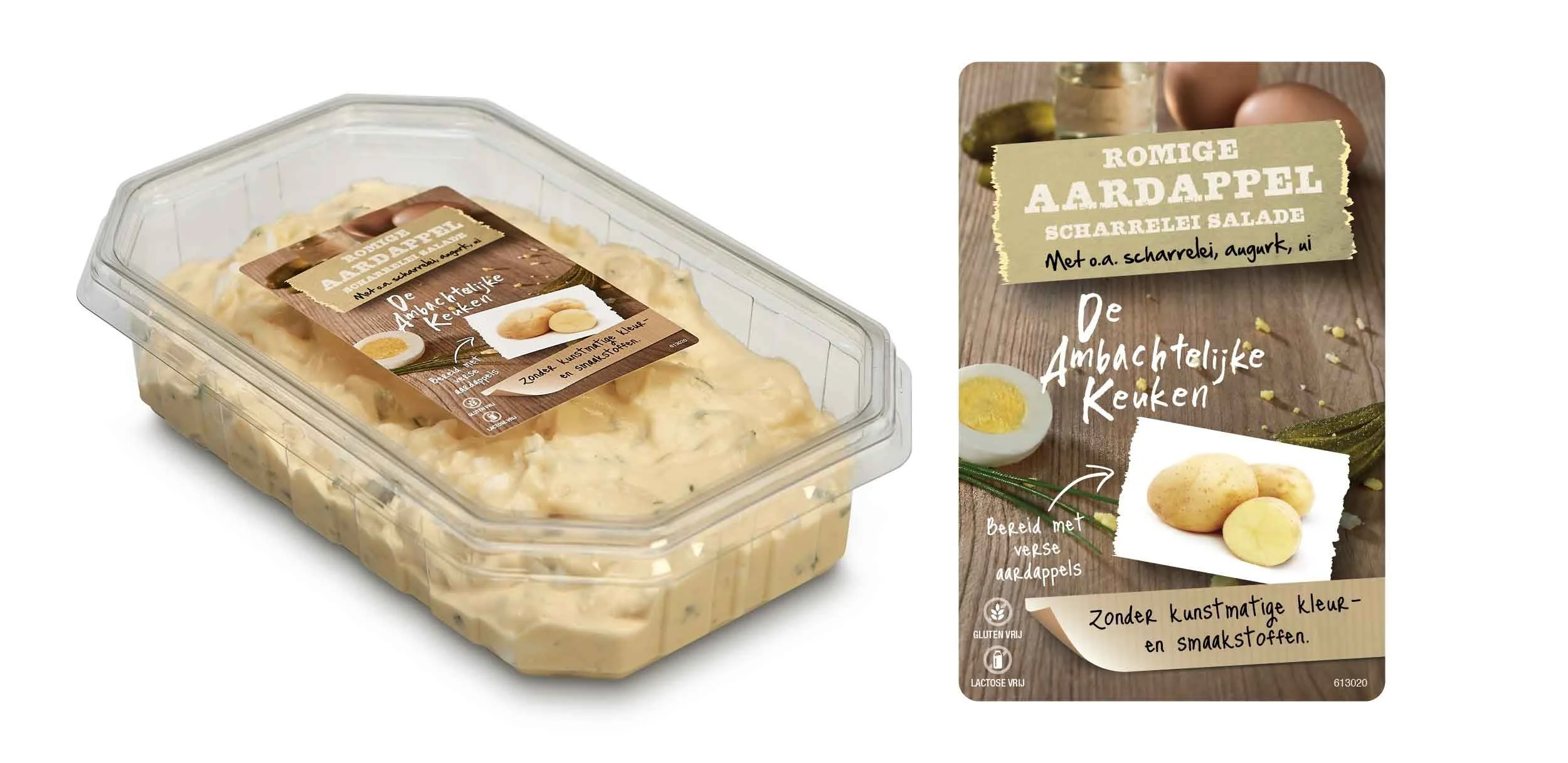 Een plastic bak met aardappelsalade, met een label dat aangeeft dat het aardappelsalade met scharreleieren bevat en zonder kunstmatige kleur- en smaakstoffen.