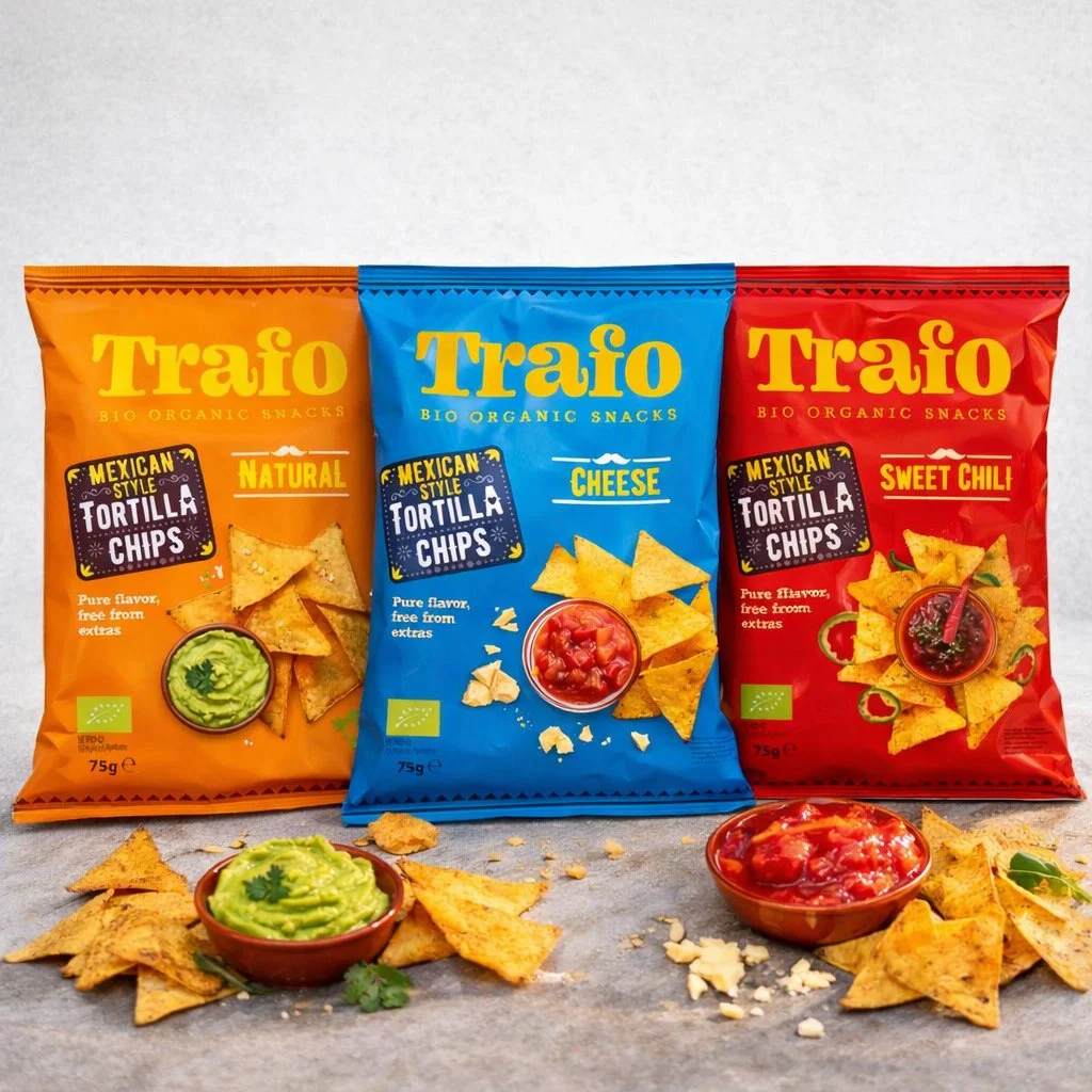 Drie zakken Trafo biologisch ecologisch snack in verschillende smaken: Mexicaanse stijl, kaas en zoet chili, met bijbehorende dipsaus en tortilla chips.